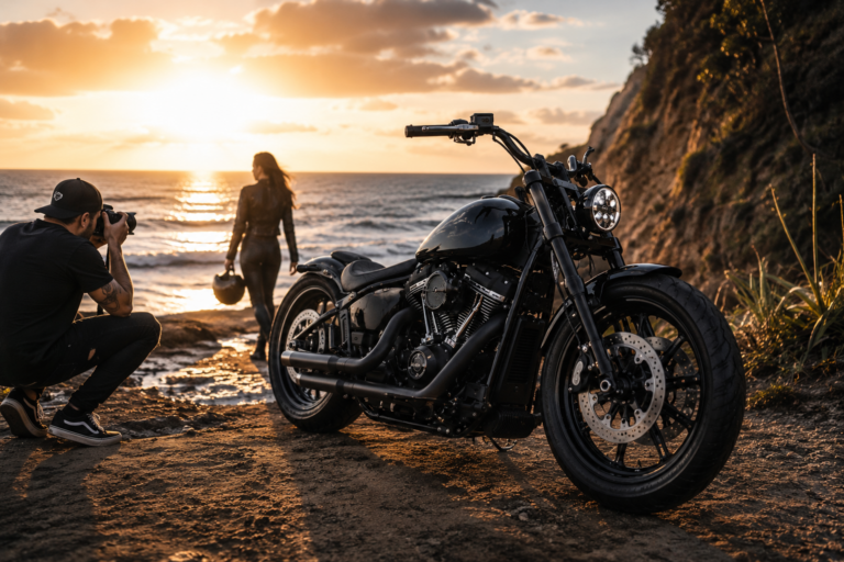 Photographer capturing a custom Harley-Davidson photoshoot at sunset on the Gold Coast coastline