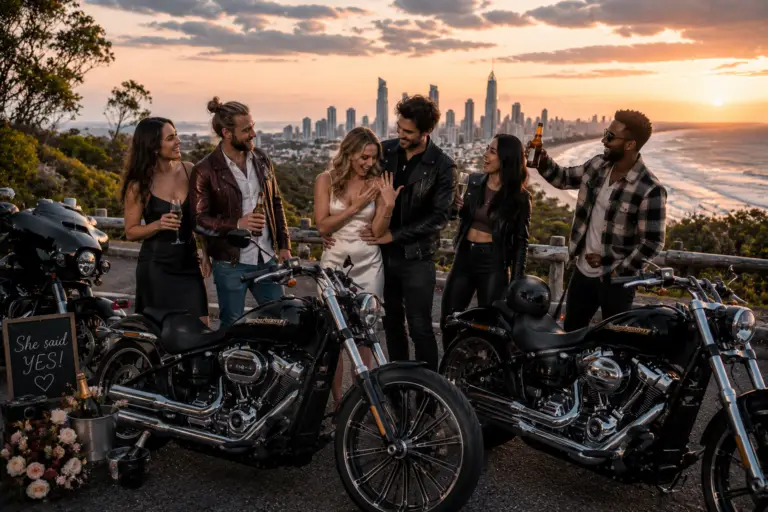 Friends celebrating an engagement beside Harley-Davidson motorcycles during a pre-wedding photoshoot overlooking the Gold Coast skyline