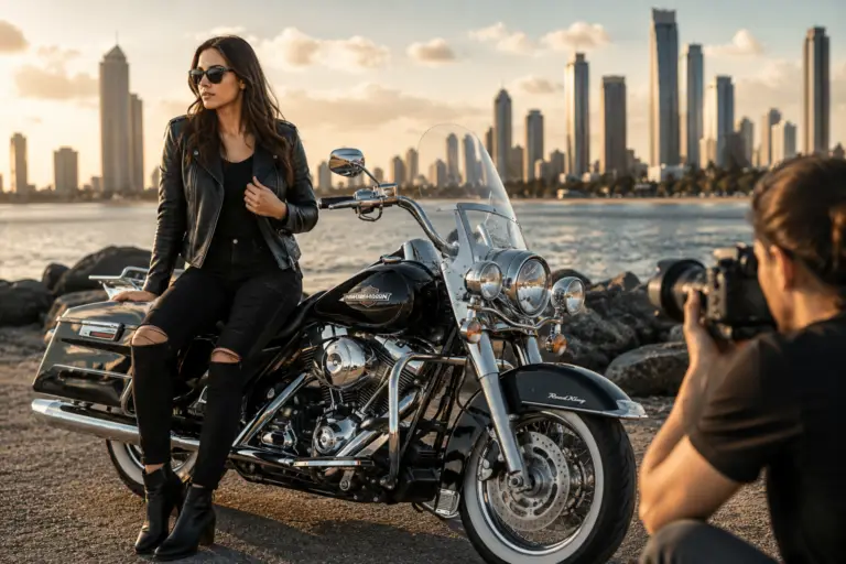 Female model posing with a Harley-Davidson Road King during a professional photoshoot on the Gold Coast waterfront