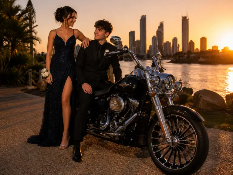 Formal photography experience with a Harley-Davidson motorcycle on the Gold Coast