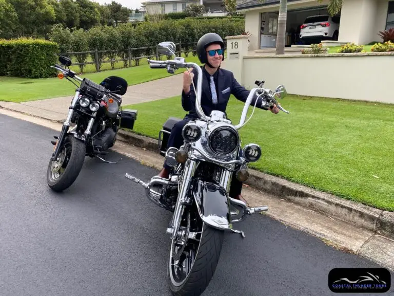 Guest departing for a formal on a Harley-Davidson motorcycle on the Gold Coast